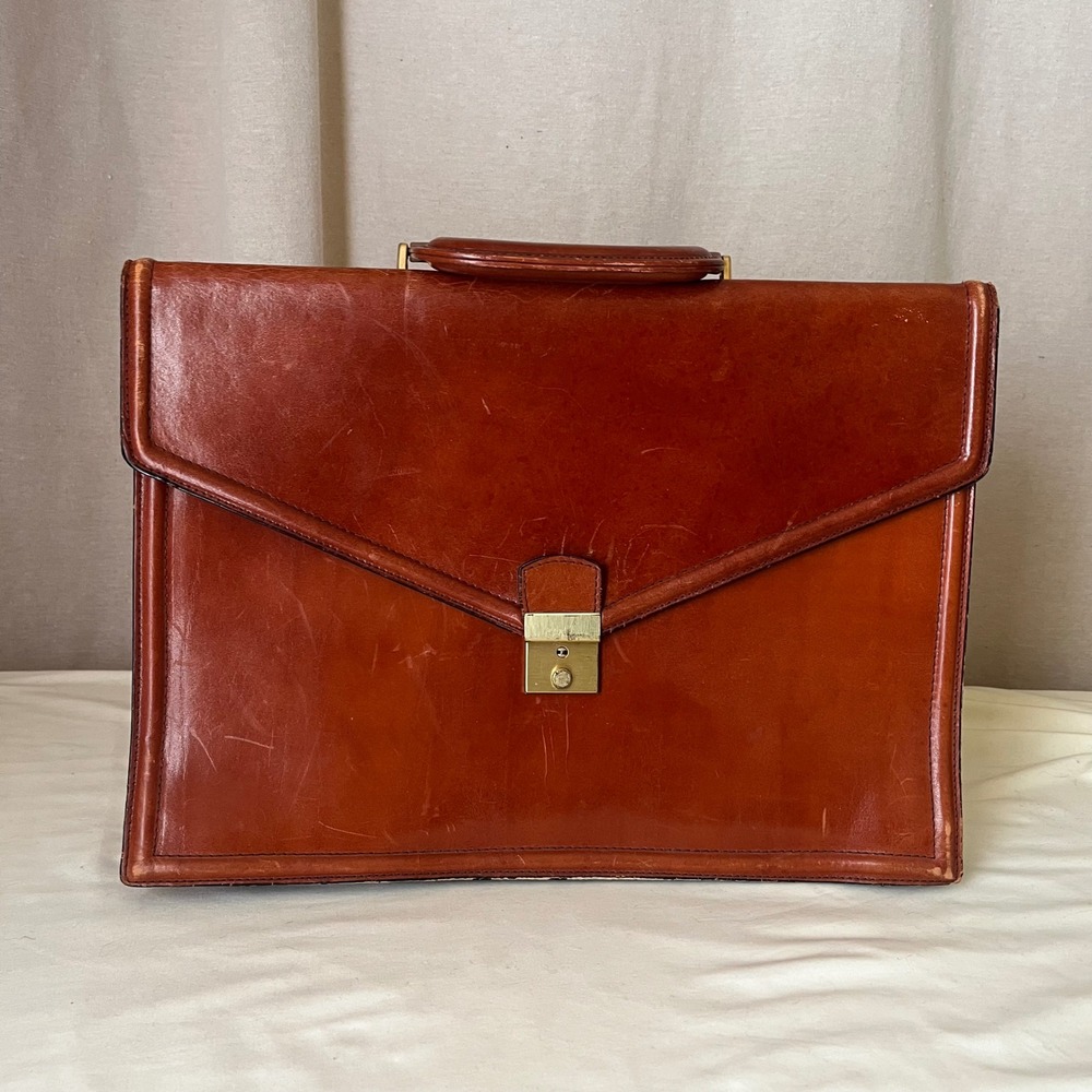 Vintage Effe Italy Brown Leather Briefcase 16x12 Expandable Includes Key